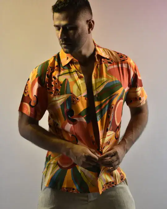 camisa de viscose digital tropical laranja